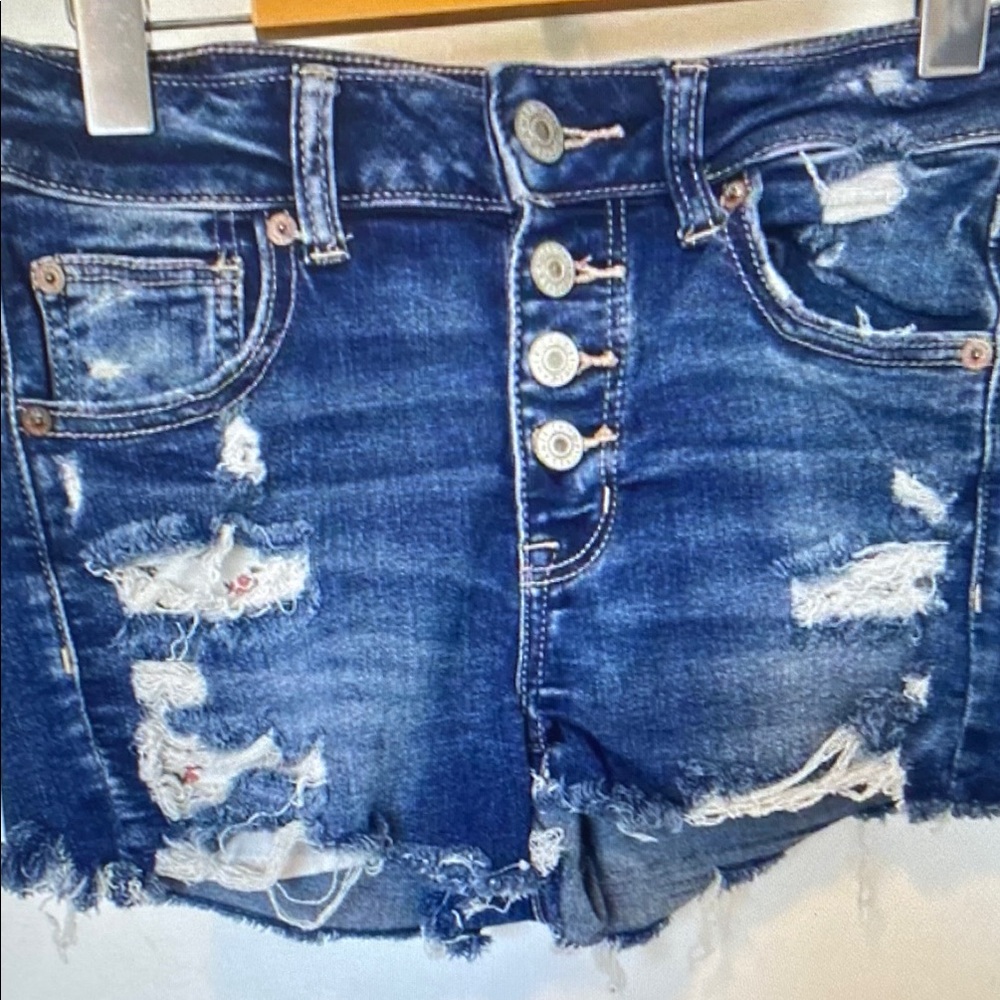 Distressed High-Rise Denim Shorts - Dark Blue